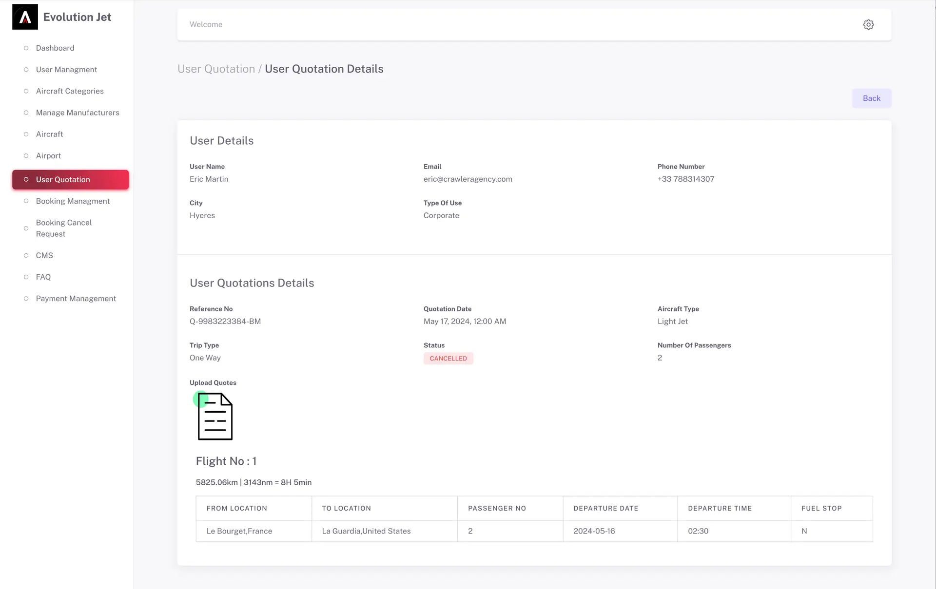 Interface du back office d'Evolution Jet. Image montrant les différentes actions concernant la partie devis en ligne