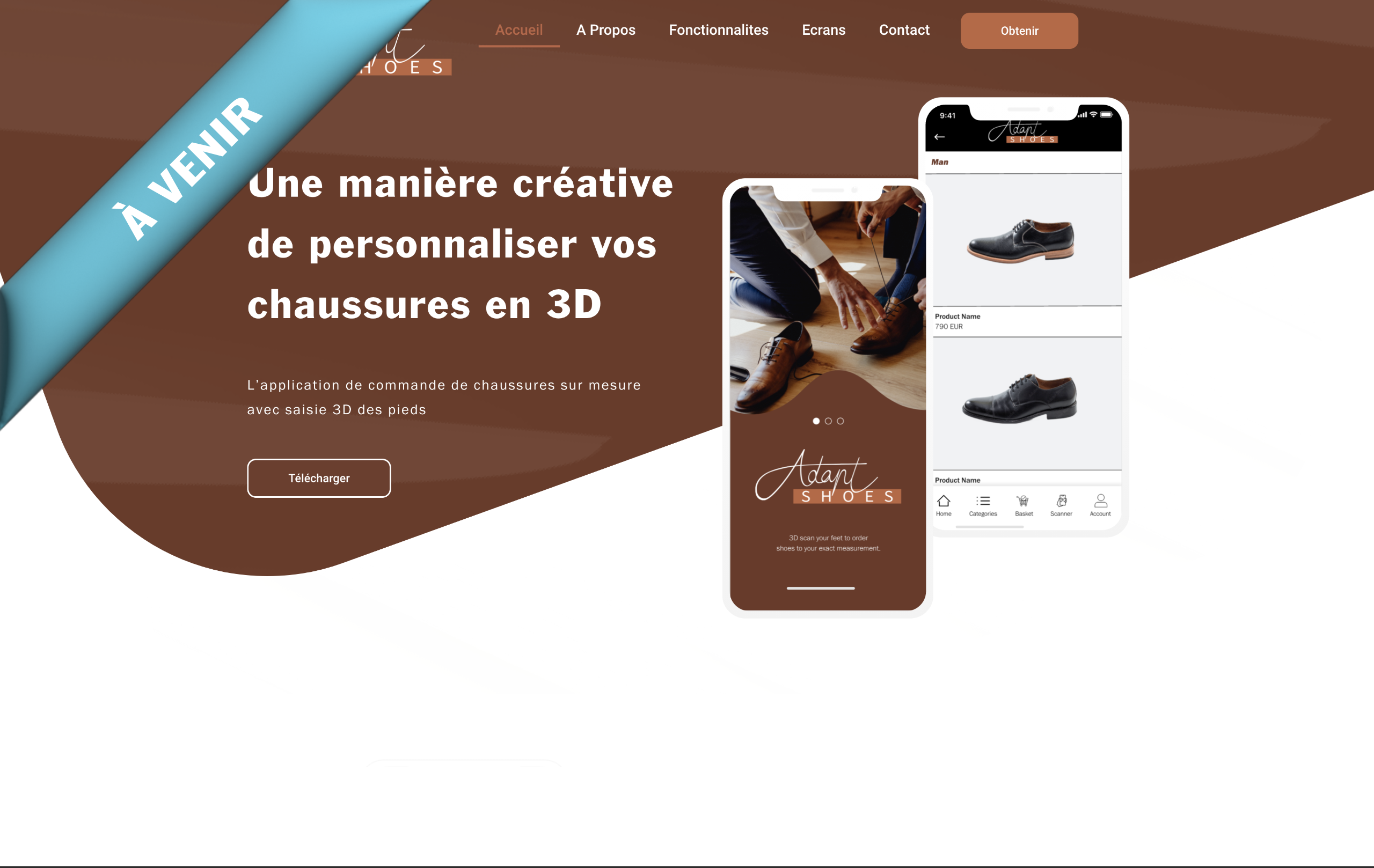 Image de la page d'accueil de l'entreprise ADAPT SHOES. L'entreprise propose de télécharger l'application pour commander des chaussures sur mesures