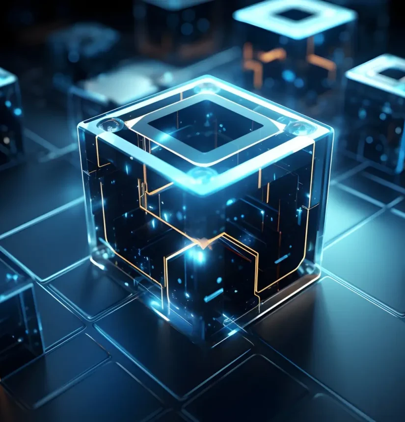 This visually striking image depicts a futuristic scene of interconnected blocks forming a secure and robust blockchain network The cuboidal structures rendered in shades of blue and black symbolize